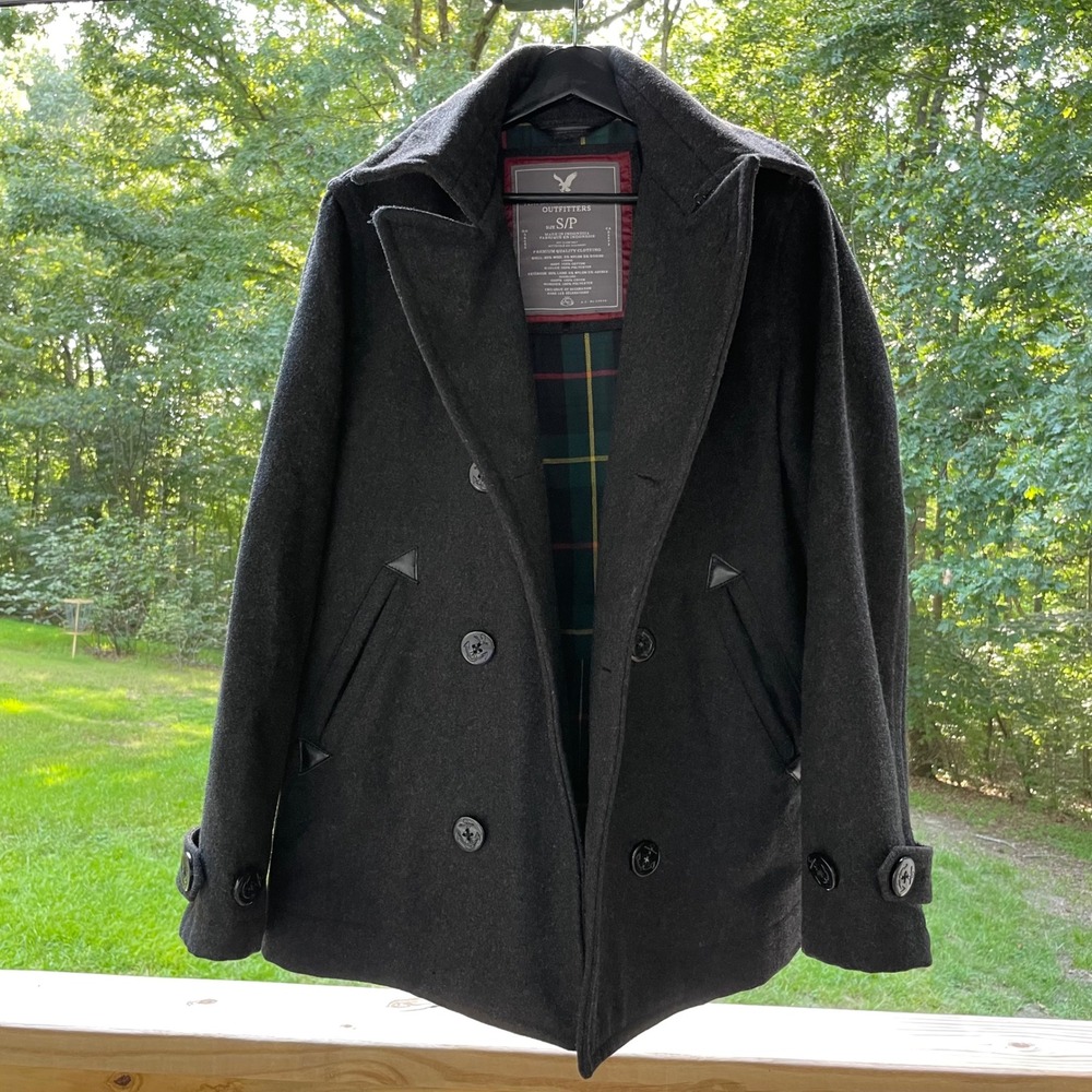 American Eagle Outfitters Mens Wool Blend Double Breasted Pea Coat Charcoal S